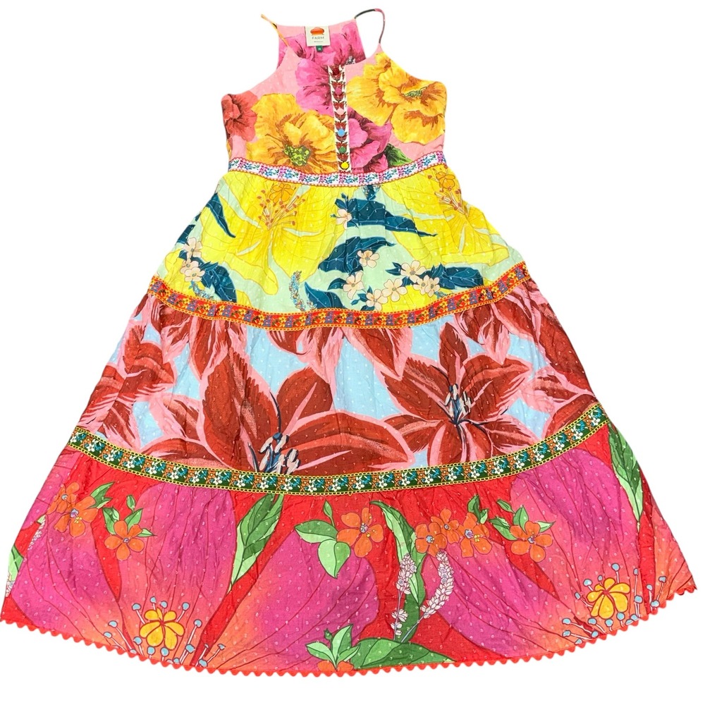 Farm Rio Tiered Cotton Tank Midi Mixed Garden Floral Dress Size XS Tropical Bead